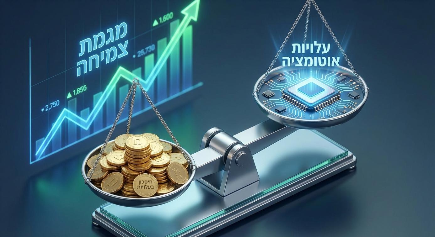 שיפור רווחיות עם אוטומציה עסקית מאזניים המציגים את האיזון בין עלויות אוטומציה לחיסכון בהוצאות ושיפור רווחיות עסקית, בסגנון תלת-מימד הייטקי עם גרף צמיחה ברקע.