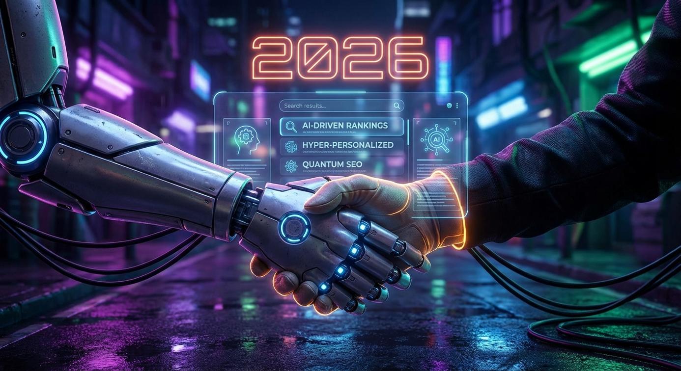 אוטומציה לעסק עם AI רובוט AI לוחץ יד לאדם מול הולוגרמה של תוצאות חיפוש בגוגל לשנת 2026, בסגנון סייברפאנק עתידני עם תאורת נאון.