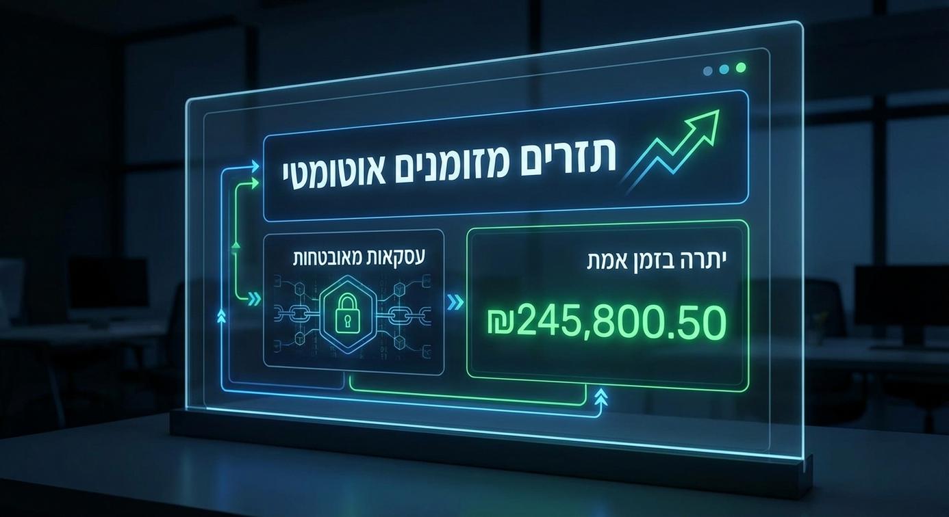 לוח בקרה דיגיטלי עתידני לניהול תזרים מזומנים אוטומטי המציג אוטומציה לעסקים בשעת מלחמה עם גרפים ומספרים ירוקים זוהרים.